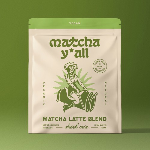 A retro-inspired logo and packaging design for organic matcha powder, created for young girls 18-25 years old. 
The goal was to emphasize the brand's Texas origins and create a fun and unique image of a cowgirl sitting on a cup of matcha. 
To do this, the logo utilizes flowing shapes reminiscent of the look of a horseshoe and adds a hidden element of a tipped rope. And the stylized sun, imitation printing, vertical symmetrical text and selected fonts help to reveal the brand image in the packaging design. 
The color scheme chosen is greenish complex shades combined with cream, which refer to retro and matcha drink.  A retro-inspired logo and packaging design for organic matcha powder